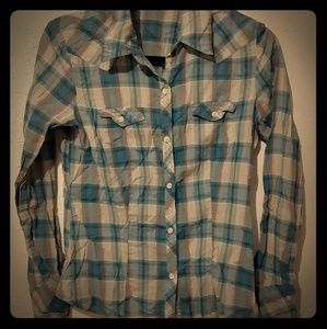 American Eagle sheer plaid button up